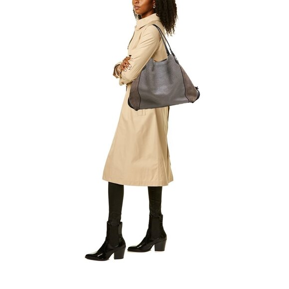 Coach Edie 42 Pebble Leather with Suede Sides Hobo Shoulder Bag Gray Tan - Picture 1 of 16
